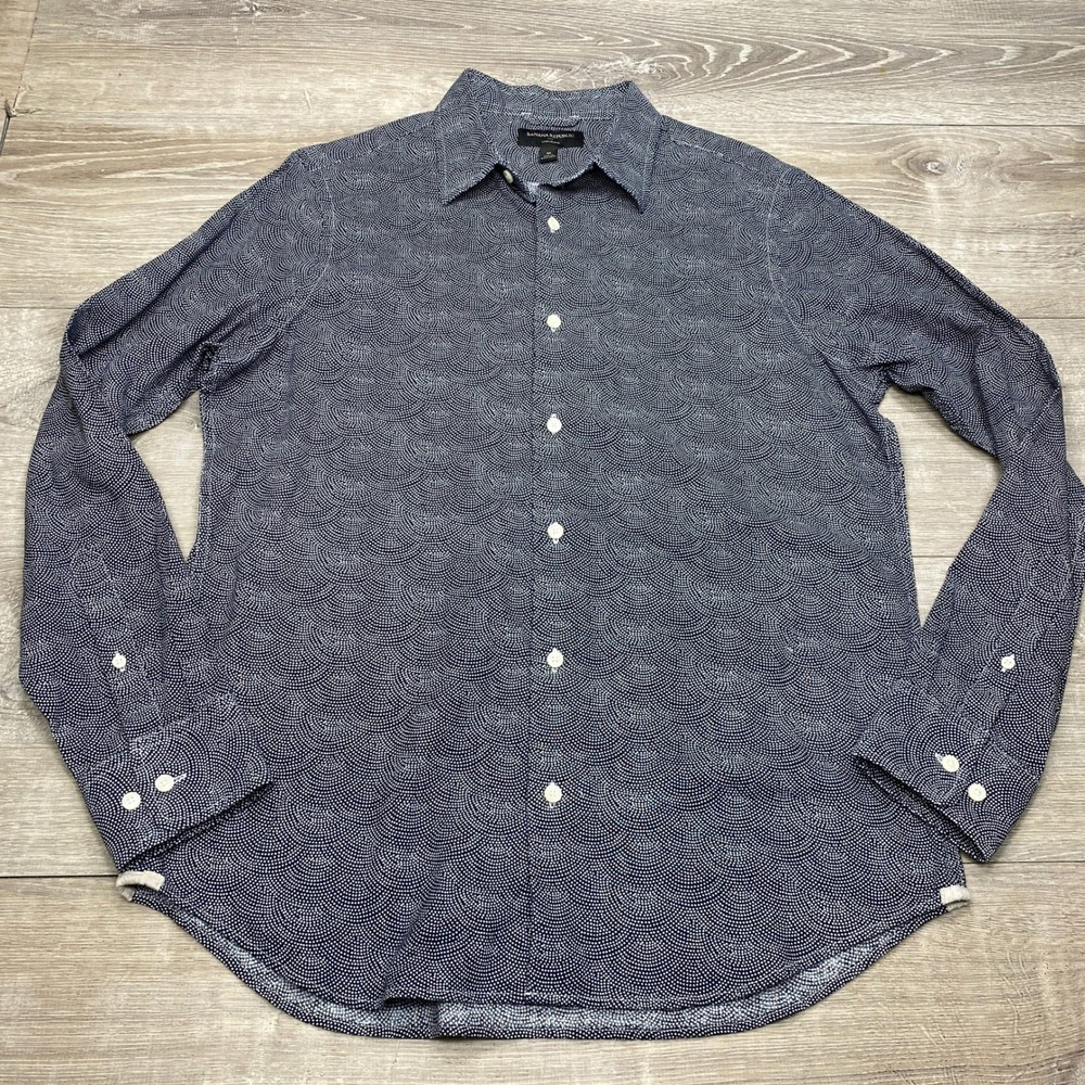 Banana Republic Button Up Mens M Blue Linen Blend Scallop Print Casual Shirt